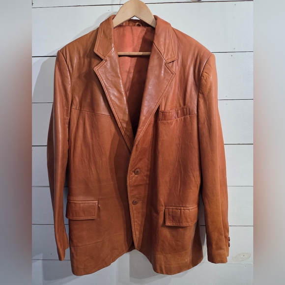 Vintage MCM London Fog Mens Sz 42R Leather Blazer Coat Caramel Tan Brown Jacket - Picture 2 of 16